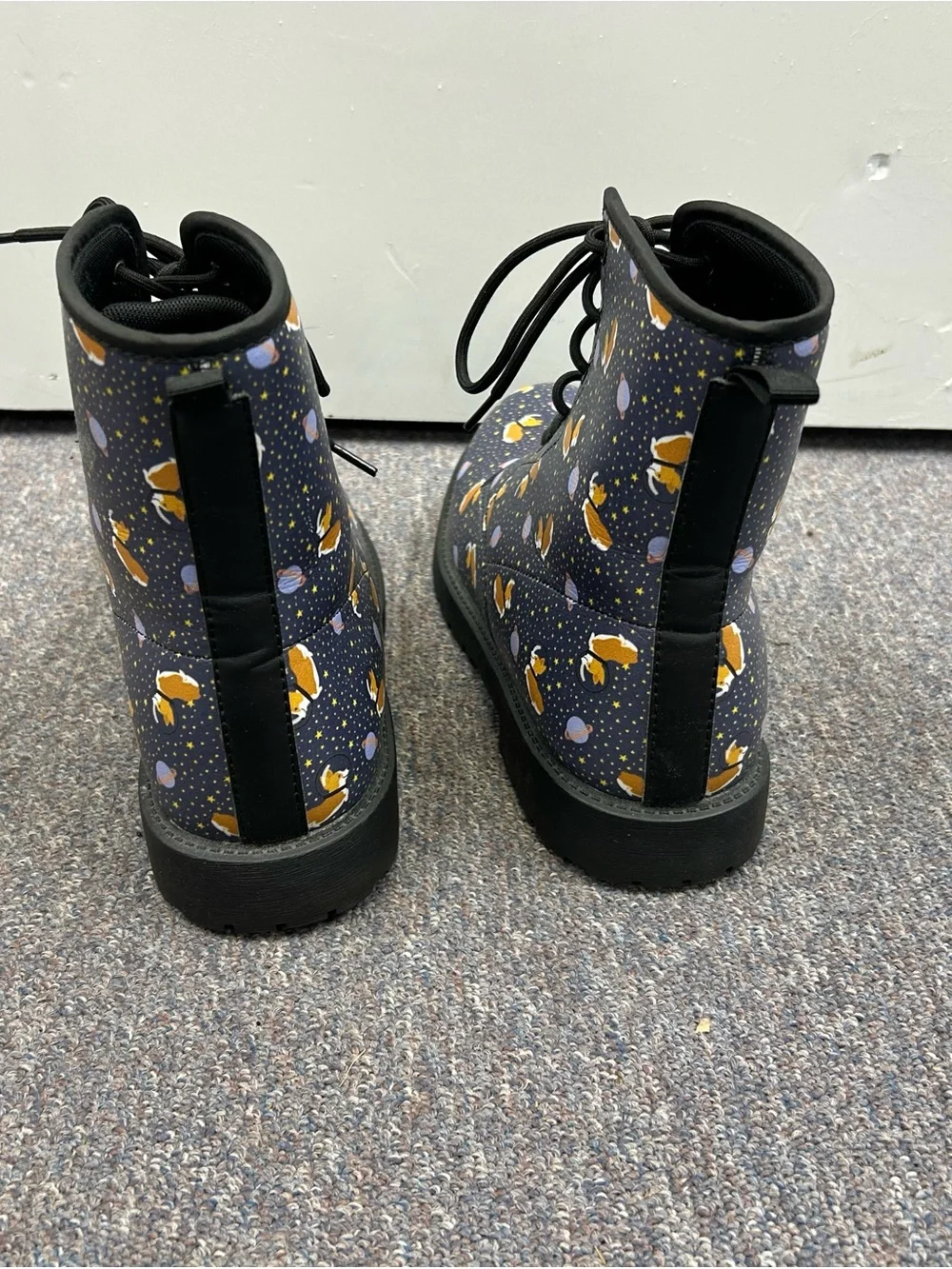 Navy Corgi dogs in space print Lace-Up Boots. Water resistant.